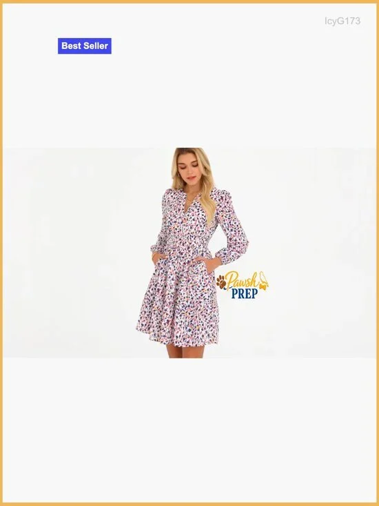 Floral Mini Dress Long Sleeve Elastic Waist Wedding Guest Vacation Outfit - Picture 7 of 7